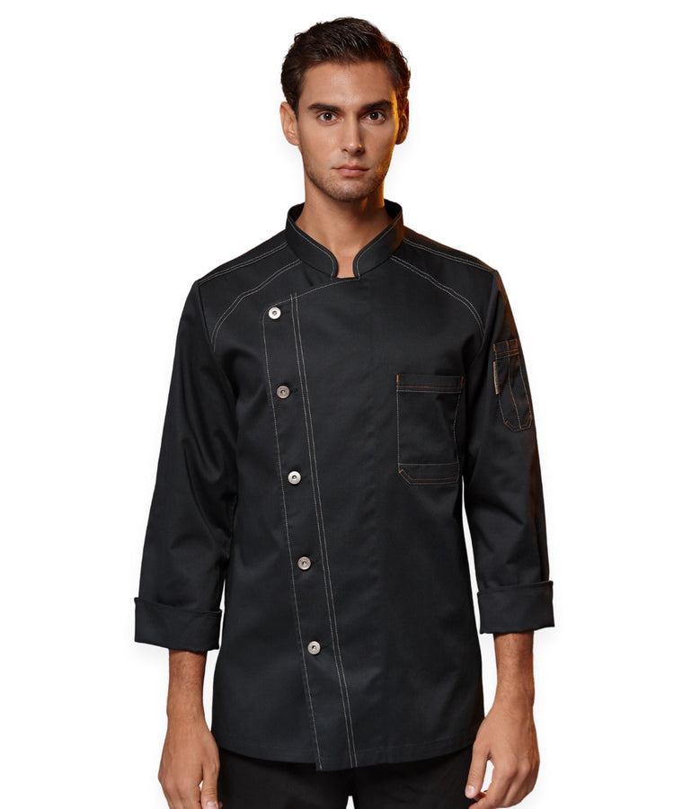 معطف طاهٍ أسود من قماش الدنيم - ياقة ماندرين، جيب على الأكمام، وخياطة متباينة