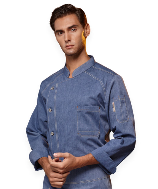 Blue Denim Chef Coat – Mandarin Collar, Sleeve Pocket & Contrast Stitch