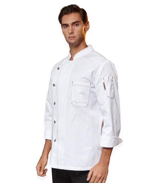 معطف طاهي جينز أبيض - ياقة ماندرين، جيب على الأكمام وخياطة متباينة