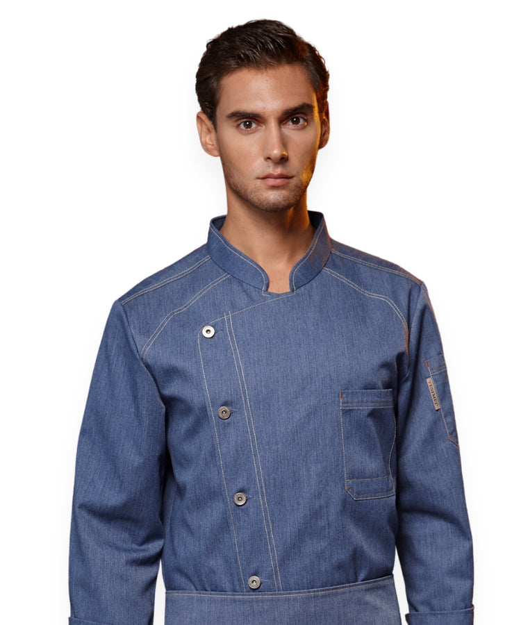 معطف طاهٍ من قماش الدنيم الأزرق - ياقة ماندرين، جيب على الأكمام، وخياطة متباينة