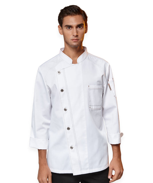White Denim Chef Coat – Mandarin Collar, Sleeve Pocket & Contrast Stitch