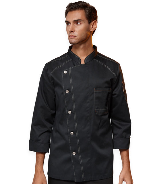 Black Denim Chef Coat – Mandarin Collar, Sleeve Pocket & Contrast Stitch
