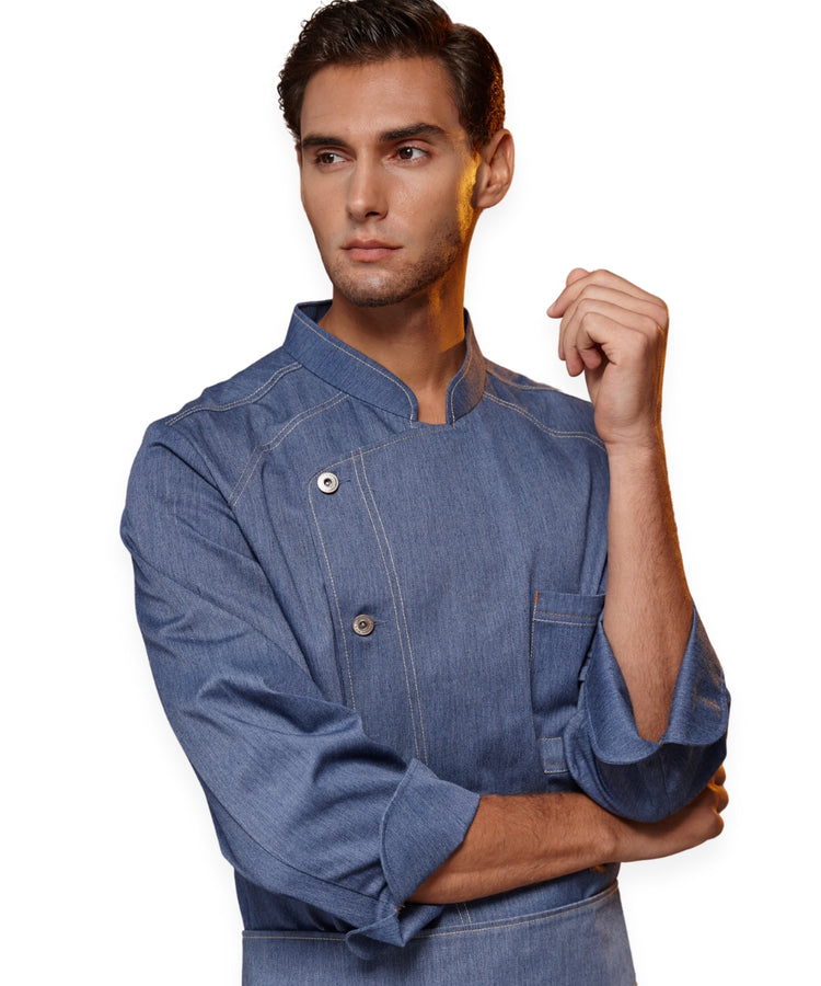 معطف طاهٍ من قماش الدنيم الأزرق - ياقة ماندرين، جيب على الأكمام، وخياطة متباينة