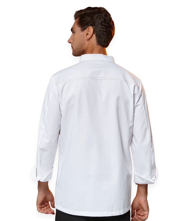 معطف طاهي جينز أبيض - ياقة ماندرين، جيب على الأكمام وخياطة متباينة