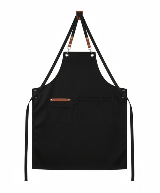 Black Canvas Crossback Chef Bib Apron – Heavy-Duty Fabric, Multi-Pocket Design & Metal Loop