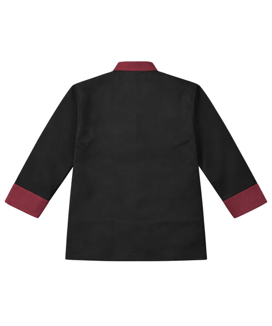 Black Chef Coat Maroon Contrast Collar & Cuffs - Double Breasted Design
