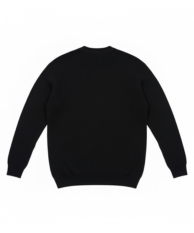 سترة سوداء بأكمام طويلة - رقبة على شكل حرف V، نسيج مضلع، ونسيج محبوك دافئ