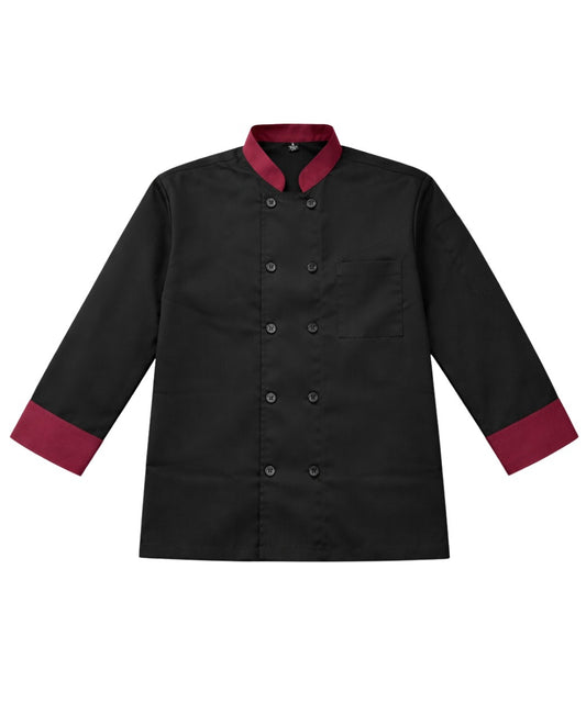Black Chef Coat Maroon Contrast Collar & Cuffs - Double Breasted Design