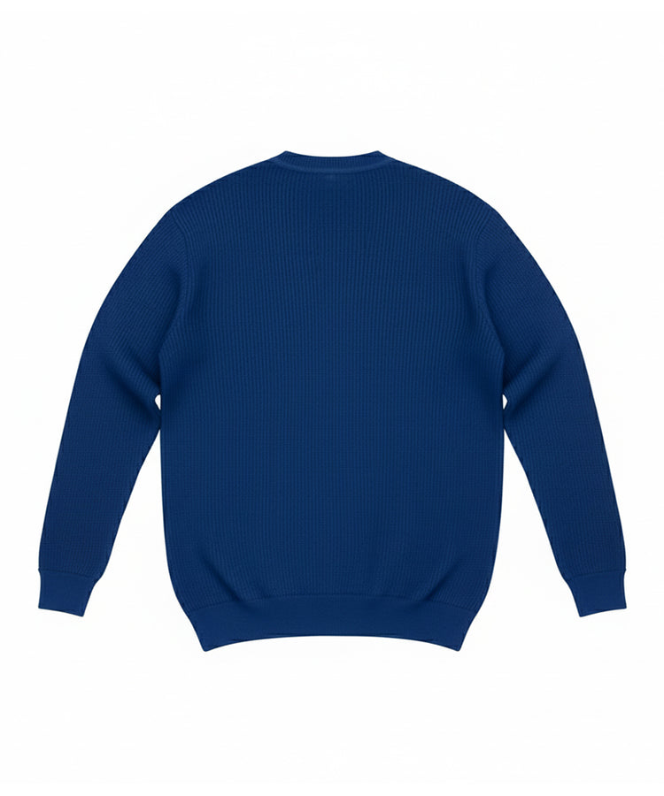 سترة زرقاء بأكمام طويلة - رقبة على شكل حرف V، نسيج مضلع، ونسيج محبوك دافئ