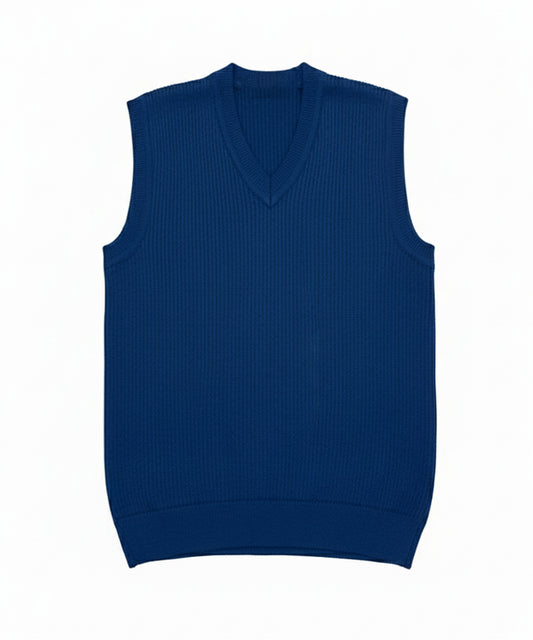 سترة زرقاء بدون أكمام - محبوكة بشكل مضلع، رقبة على شكل حرف V