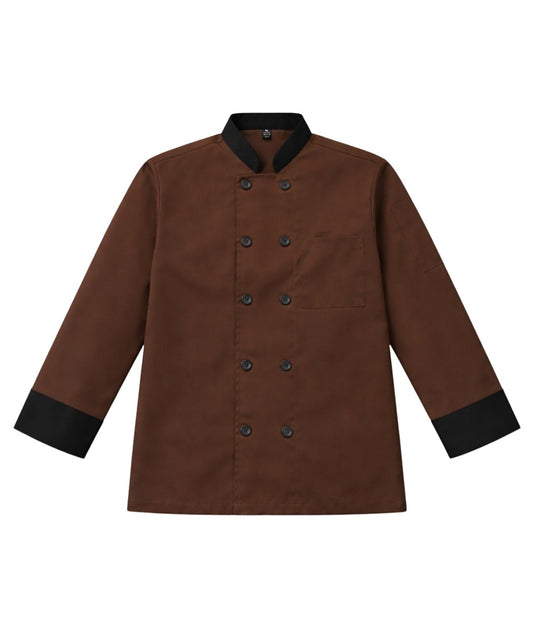 Brown Chef Coat Black Contrast Collar & Cuffs - Double Breasted Design