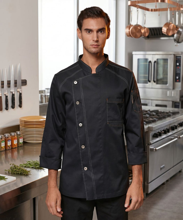 Black Denim Chef Coat – Mandarin Collar, Sleeve Pocket & Contrast Stitch