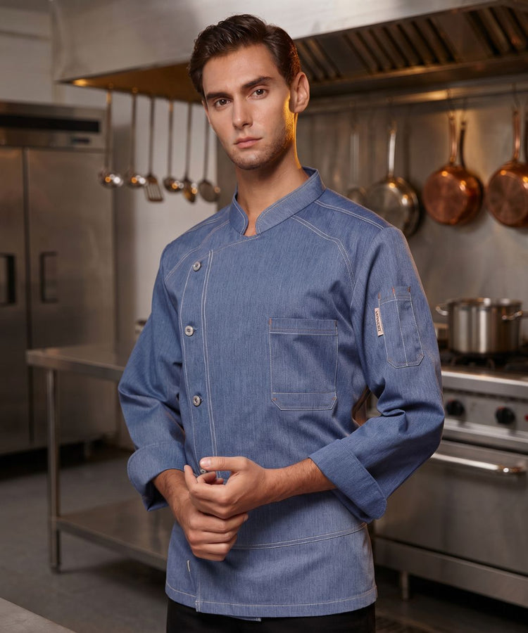 Blue Denim Chef Coat – Mandarin Collar, Sleeve Pocket & Contrast Stitch