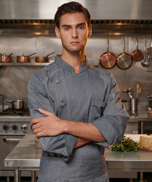 Grey Denim Chef Coat – Mandarin Collar, Sleeve Pocket & Contrast Stitch