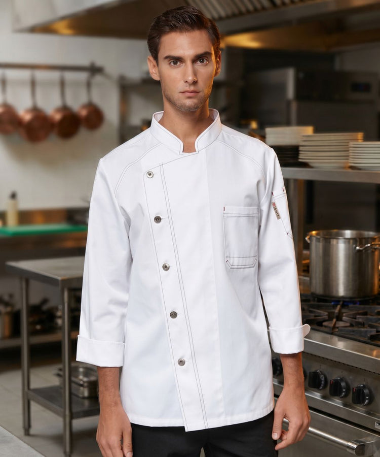 White Denim Chef Coat – Mandarin Collar, Sleeve Pocket & Contrast Stitch