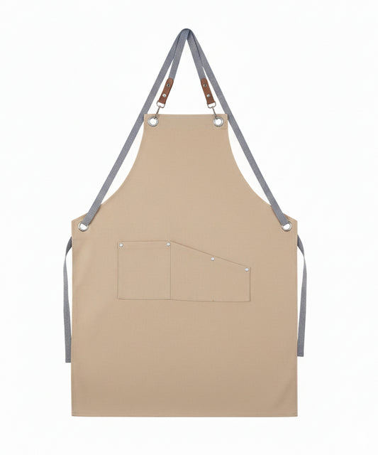 Beige Metal Loop Bib Apron – Heavy Fabric, Tool Pockets & Adjustable Straps