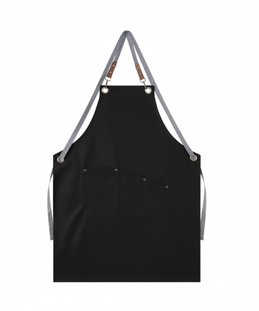 Black Metal Loop Bib Apron – Heavy Fabric, Tool Pockets & Adjustable Straps