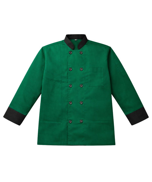 Green Chef Coat Black Contrast Collar & Cuffs - Double Breasted Design