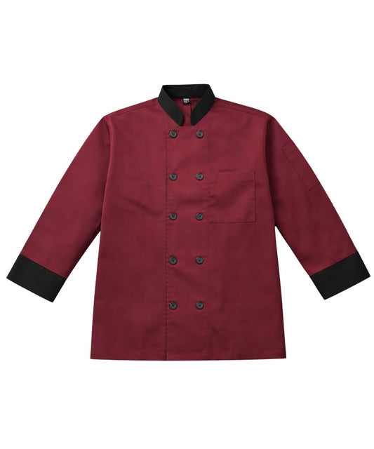 Maroon Chef Coat Black Contrast Collar & Cuffs - Double Breasted Design