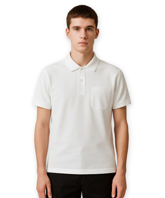 تي شيرت بولو أبيض - قصة كلاسيكية مع جيب على الصدر