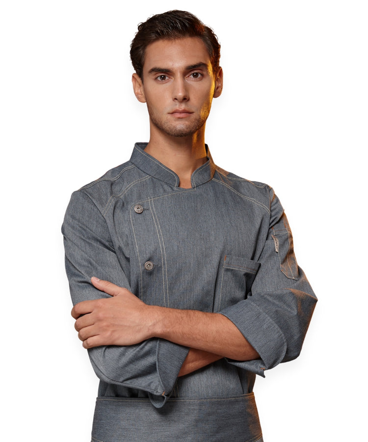 معطف شيف من قماش الدنيم الرمادي - ياقة ماندرين، جيب على الأكمام، وخياطة متباينة