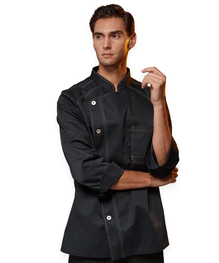 معطف طاهٍ أسود من قماش الدنيم - ياقة ماندرين، جيب على الأكمام، وخياطة متباينة