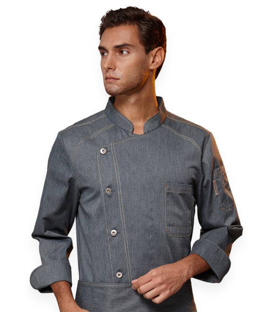Grey Denim Chef Coat – Mandarin Collar, Sleeve Pocket & Contrast Stitch