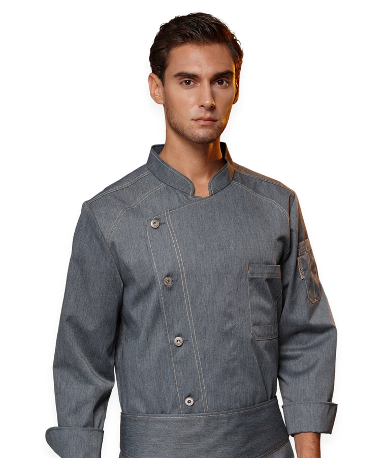 معطف شيف من قماش الدنيم الرمادي - ياقة ماندرين، جيب على الأكمام، وخياطة متباينة