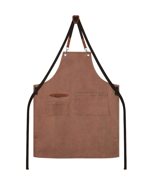 Brown Canvas Crossback Chef Bib Apron – Heavy-Duty Fabric, Multi-Pocket Design & Metal Loop