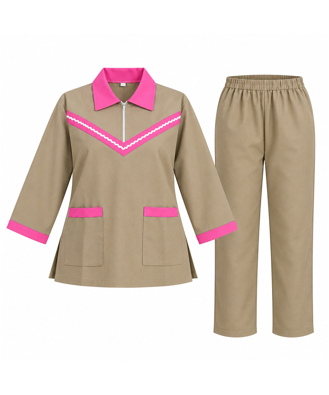 Beige Maid Uniform Scrub Set with Pink Contrast Trim - Long Sleeve Tunic & Trousers