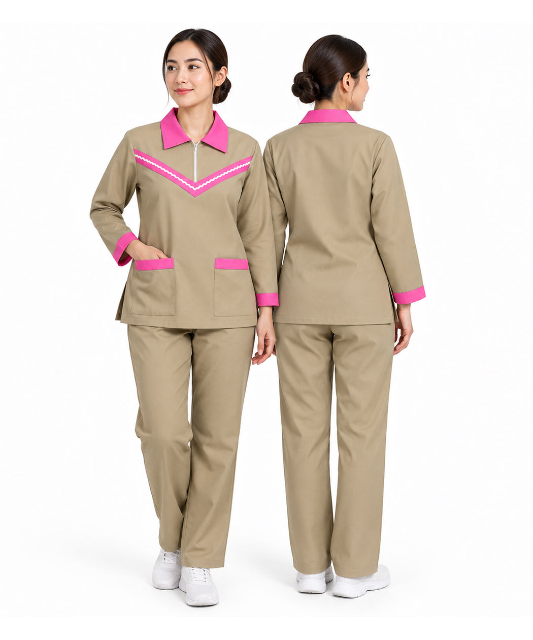 Beige Maid Uniform Scrub Set with Pink Contrast Trim - Long Sleeve Tunic & Trousers