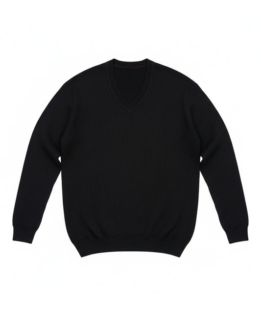 سترة سوداء بأكمام طويلة - رقبة على شكل حرف V، نسيج مضلع، ونسيج محبوك دافئ