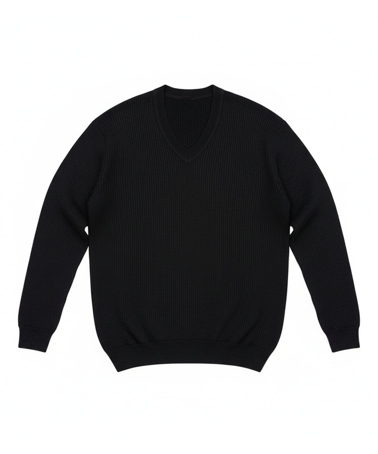 سترة سوداء بأكمام طويلة - رقبة على شكل حرف V، نسيج مضلع، ونسيج محبوك دافئ