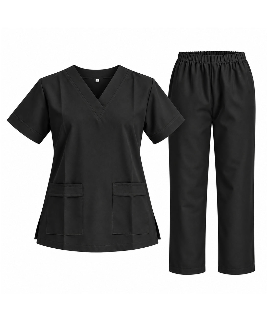 Black V-Neck Short Sleeves Maid Uniform Scrub Set - Tunic Top & Trousers