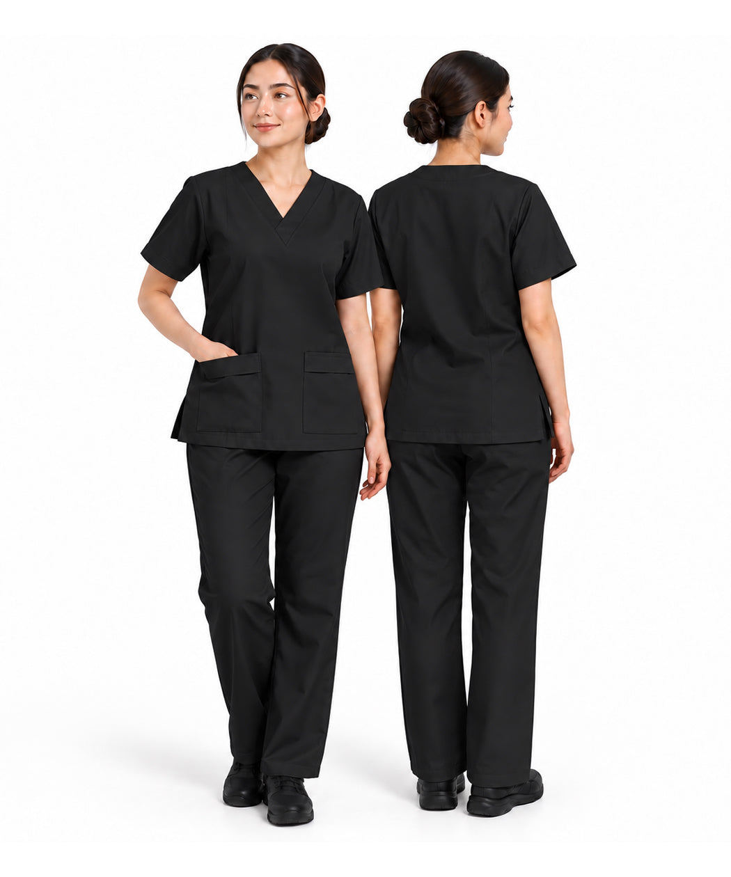 Black V-Neck Short Sleeves Maid Uniform Scrub Set - Tunic Top & Trousers