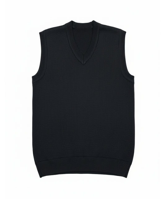 سترة سوداء بدون أكمام – محبوكة بشكل مضلع، رقبة على شكل حرف V