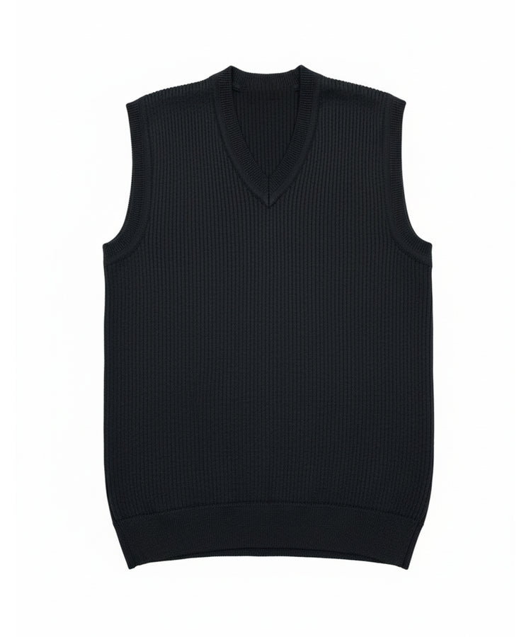 سترة سوداء بدون أكمام – محبوكة بشكل مضلع، رقبة على شكل حرف V