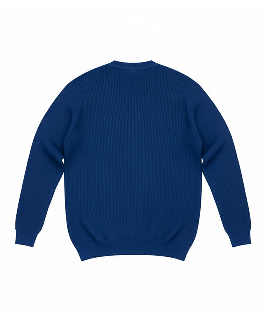 سترة زرقاء بأكمام طويلة - رقبة على شكل حرف V، نسيج مضلع، ونسيج محبوك دافئ