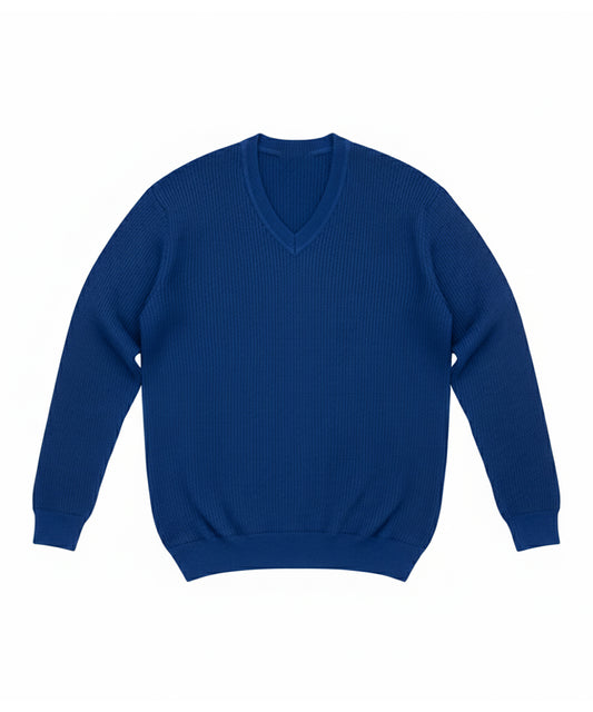 سترة زرقاء بأكمام طويلة - رقبة على شكل حرف V، نسيج مضلع، ونسيج محبوك دافئ