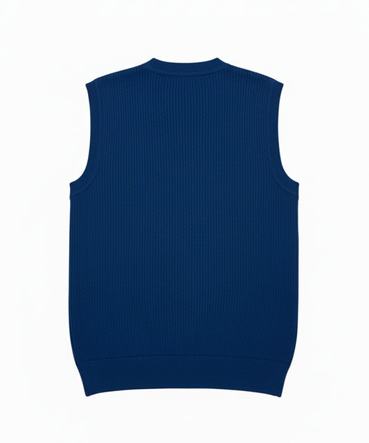 سترة زرقاء بدون أكمام - محبوكة بشكل مضلع، رقبة على شكل حرف V