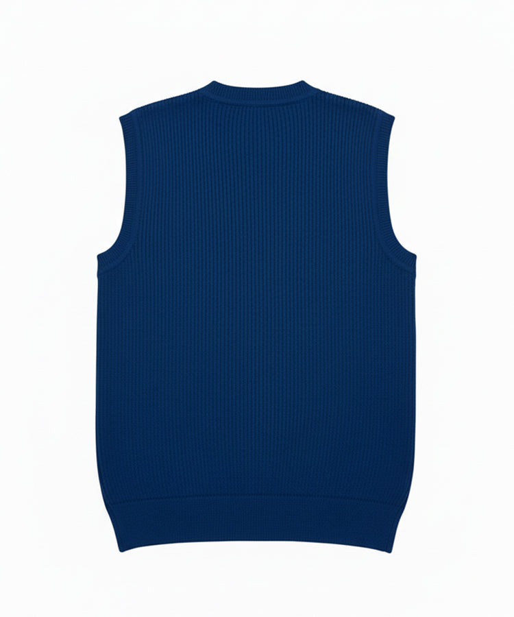 سترة زرقاء بدون أكمام - محبوكة بشكل مضلع، رقبة على شكل حرف V