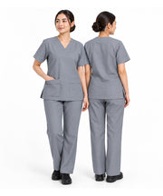 Grey V-Neck Short Sleeves Maid Uniform Scrub Set - Tunic Top & Trousers