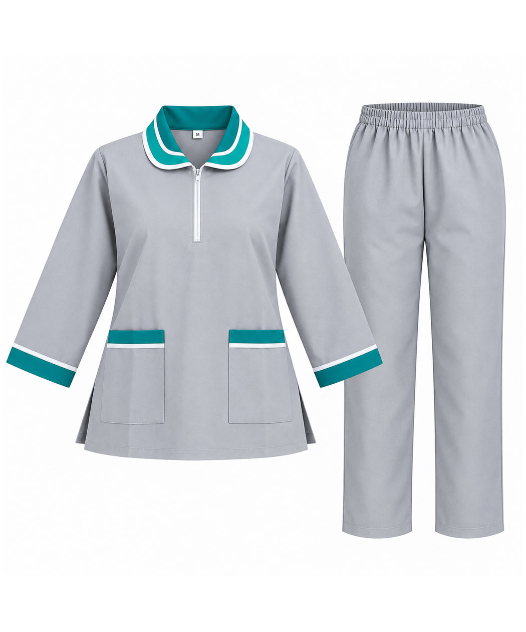 Light Grey Maid Uniform Scrub Set with Teal & White Contrast Trim – Long Sleeve Tunic & Trousers