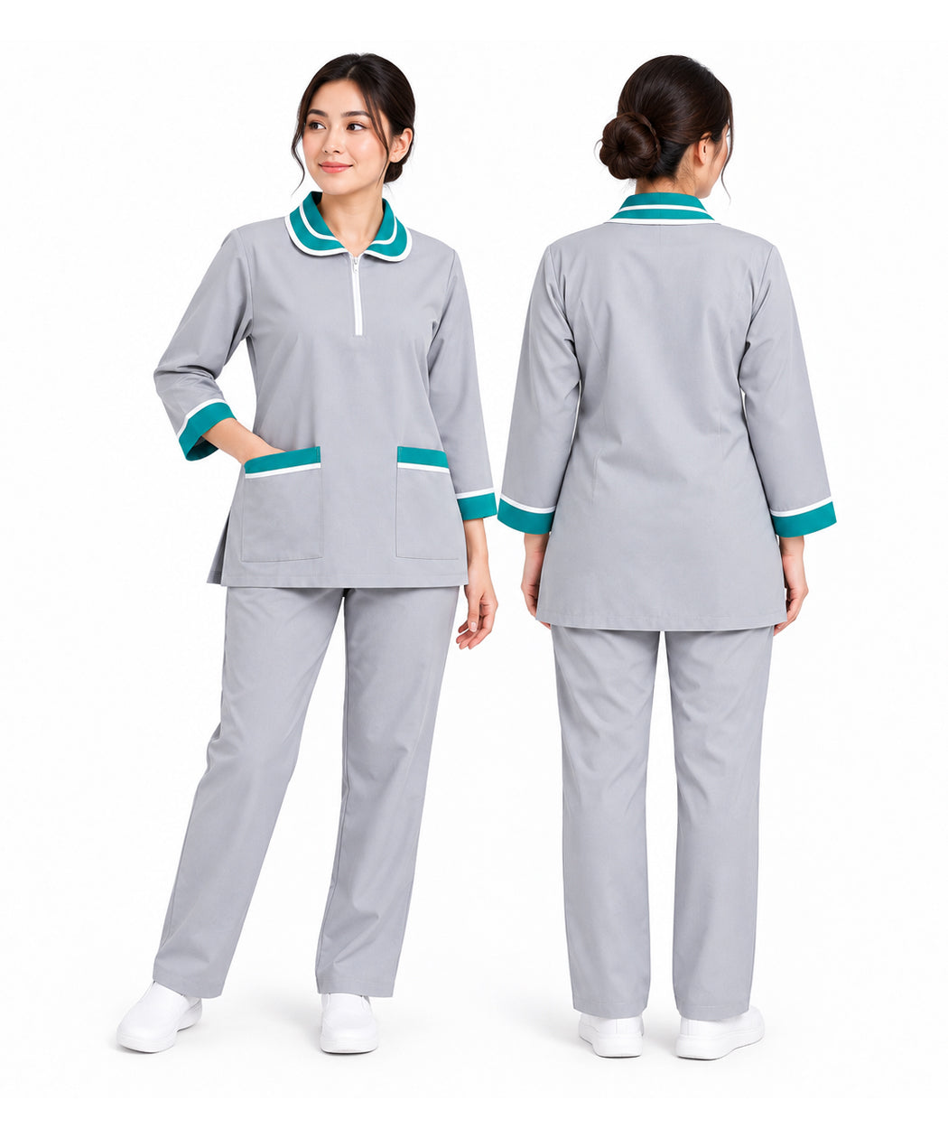 Light Grey Maid Uniform Scrub Set with Teal & White Contrast Trim – Long Sleeve Tunic & Trousers