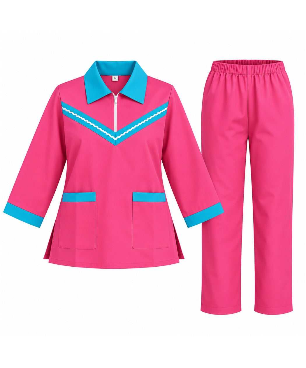 Pink Maid Uniform Scrub Set with Turquoise Contrast Trim – Long Sleeve Tunic & Trousers