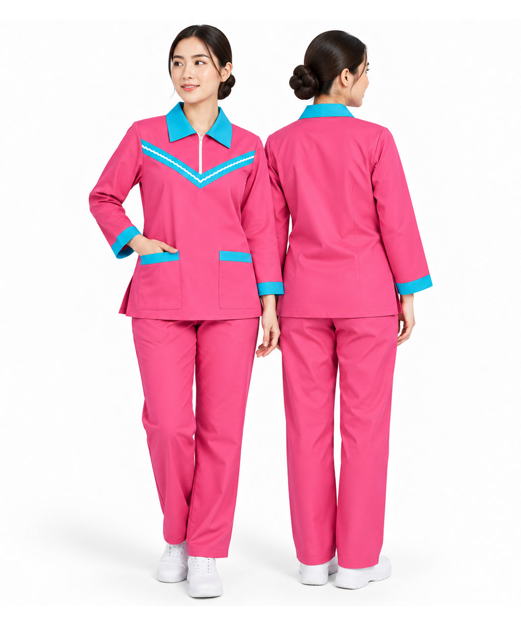 Pink Maid Uniform Scrub Set with Turquoise Contrast Trim – Long Sleeve Tunic & Trousers