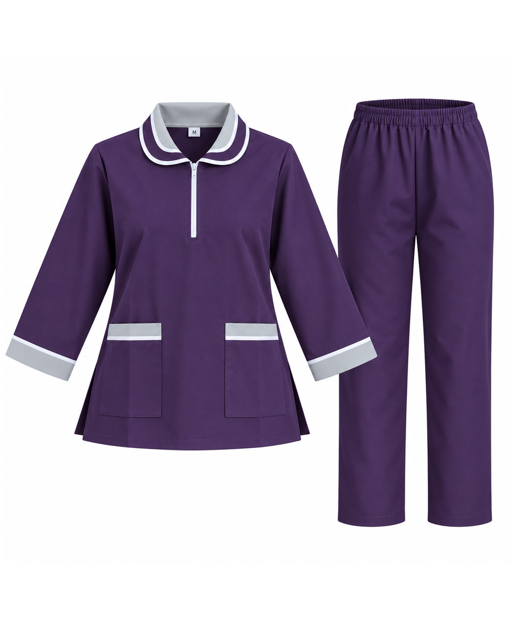 Purple Maid Uniform Scrub Set with Light Grey & White Contrast Trim – Long Sleeve Tunic & Trousers