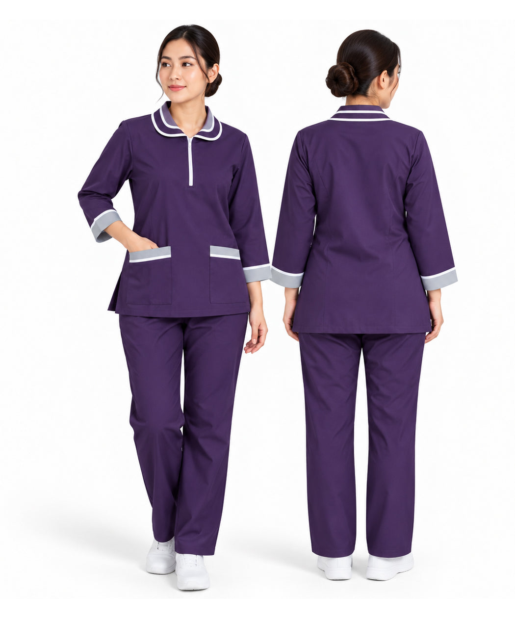 Purple Maid Uniform Scrub Set with Light Grey & White Contrast Trim – Long Sleeve Tunic & Trousers