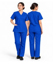 Royal Blue V-Neck Short Sleeves Maid Uniform Scrub Set - Tunic Top & Trousers