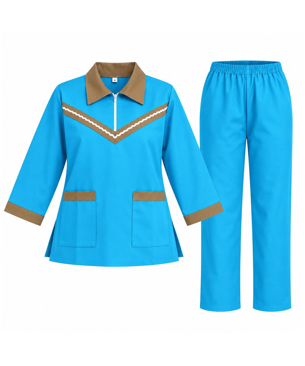 Sky Blue Maid Uniform Set with Brown Contrast Trim – Long Sleeve Tunic & Trousers